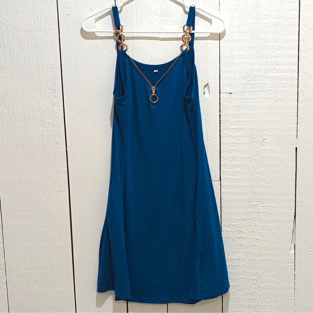 Women’s Blue Knit Scoop Neck Tank Dress Zip Front Pockets Size M Gold Accents
